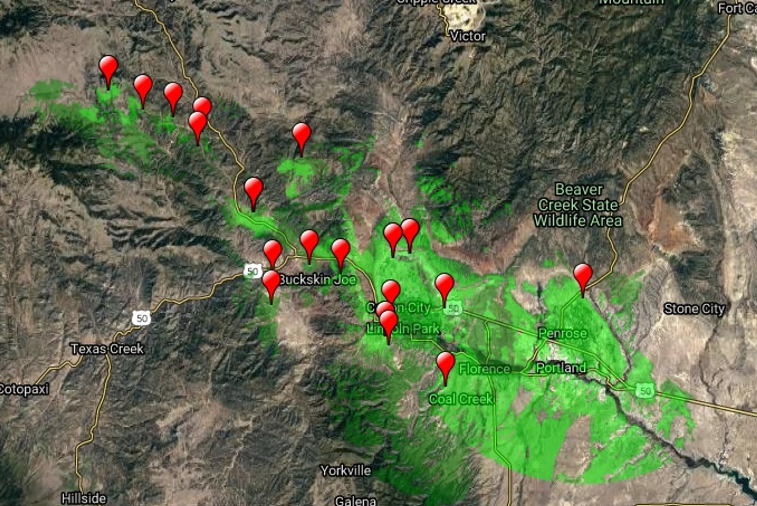 Alpine Internet service coverage map showing Canon City, Westcliffe, Florence, and Penrose areas in Southern Colorado